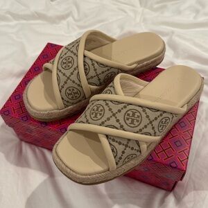 Tory Burch T Monogram Cross Espadrille Slide Sandals New with Box